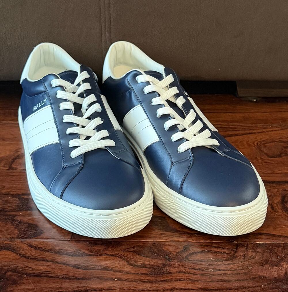 $695 NIB Bally Navy White Calf Leather Low Top Sneakers US 12 EU 46
